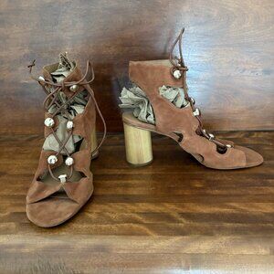 Rebecca Minkoff Women's Adiv Ghillie Cage Brown Suede Heel Sandal Size 9.5